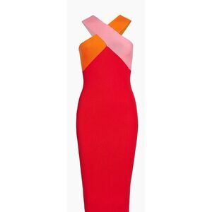 Le Superbe Colorblocked Cross-Over Midi-Dress in Bubblegum, Tangerine & Red NWT